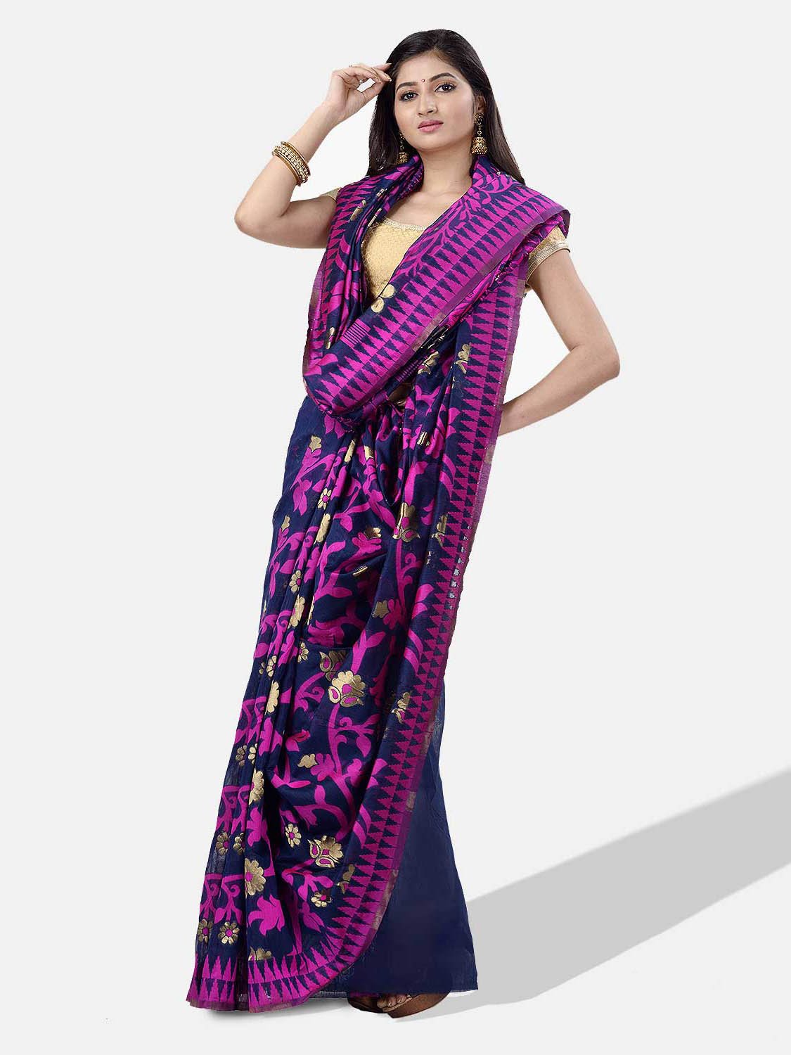 Women`s Handloom Soft Resham Dhakai jamdani Bengal Cotton Silk Tant Saree Whole Body Design with Blouse Pcs (Deep Purple Dark Blue)